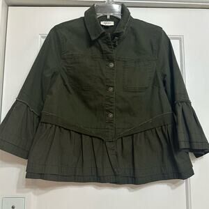 Style & Co Olive Green Button Jacket, Peplum, Utility, Bell Sleeves, Military, M